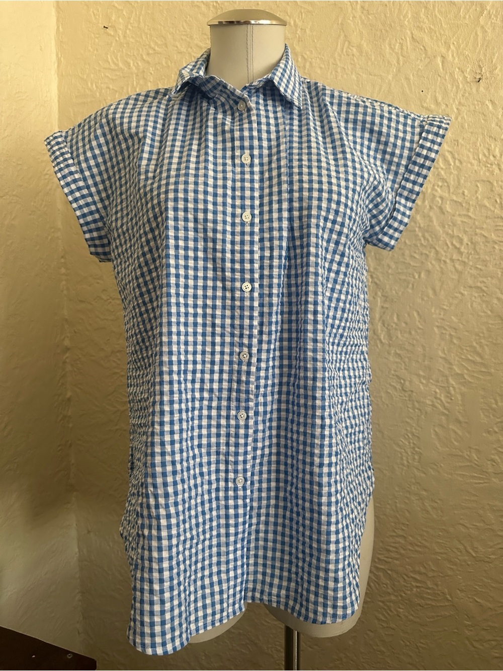 LOFT Ann Taylor Blue White Gingham Seersucker Woven Sleeveless Blouse Shirt NWT